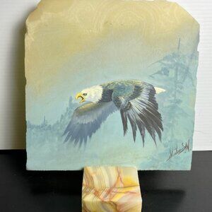 Vintage BALD EAGLE hand painted on Marble Onyx with stand 8" x 8" picture signed